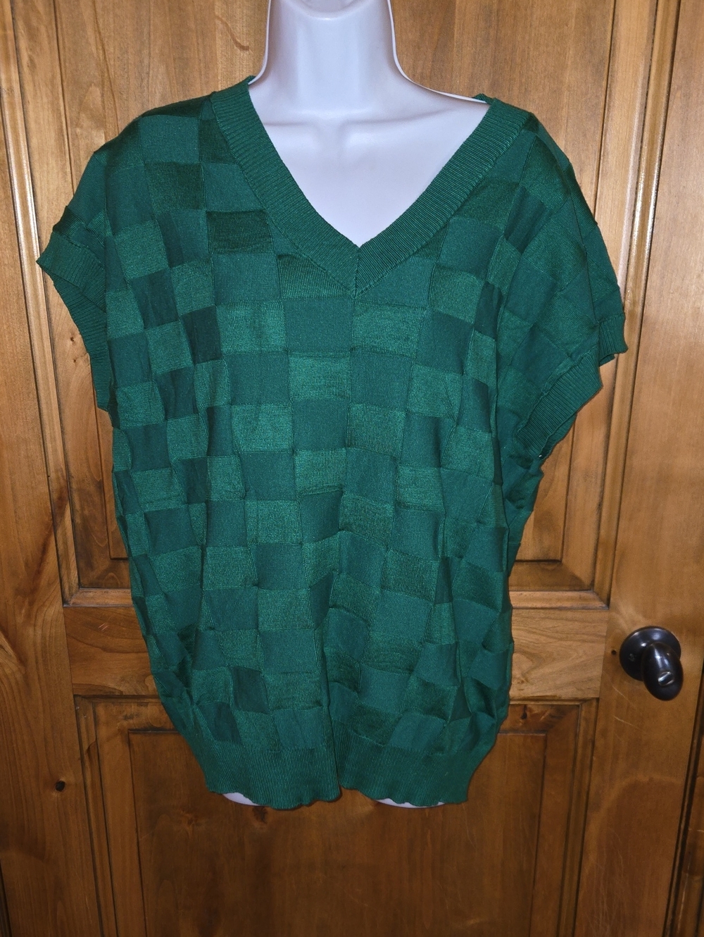 Emerald Green V-Neck Checker Knit Sweater